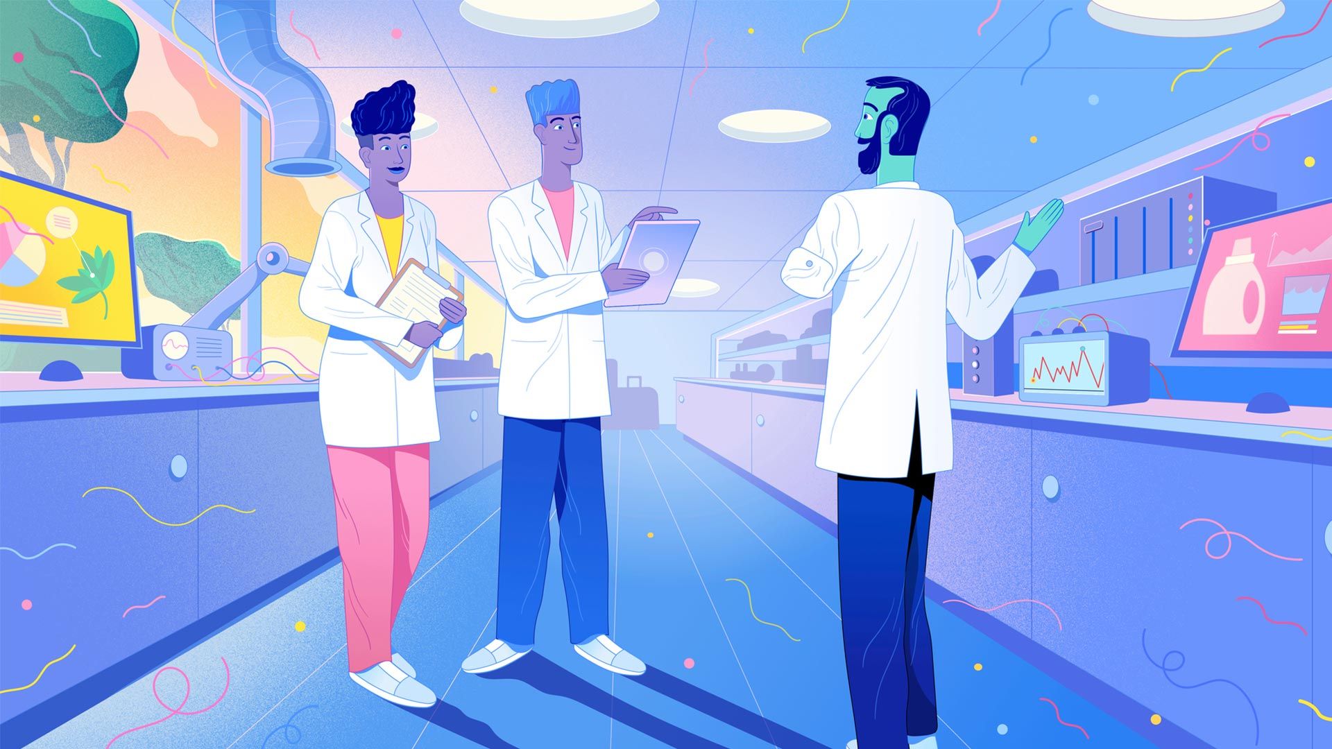 An illustration of three people working in an R&D factory