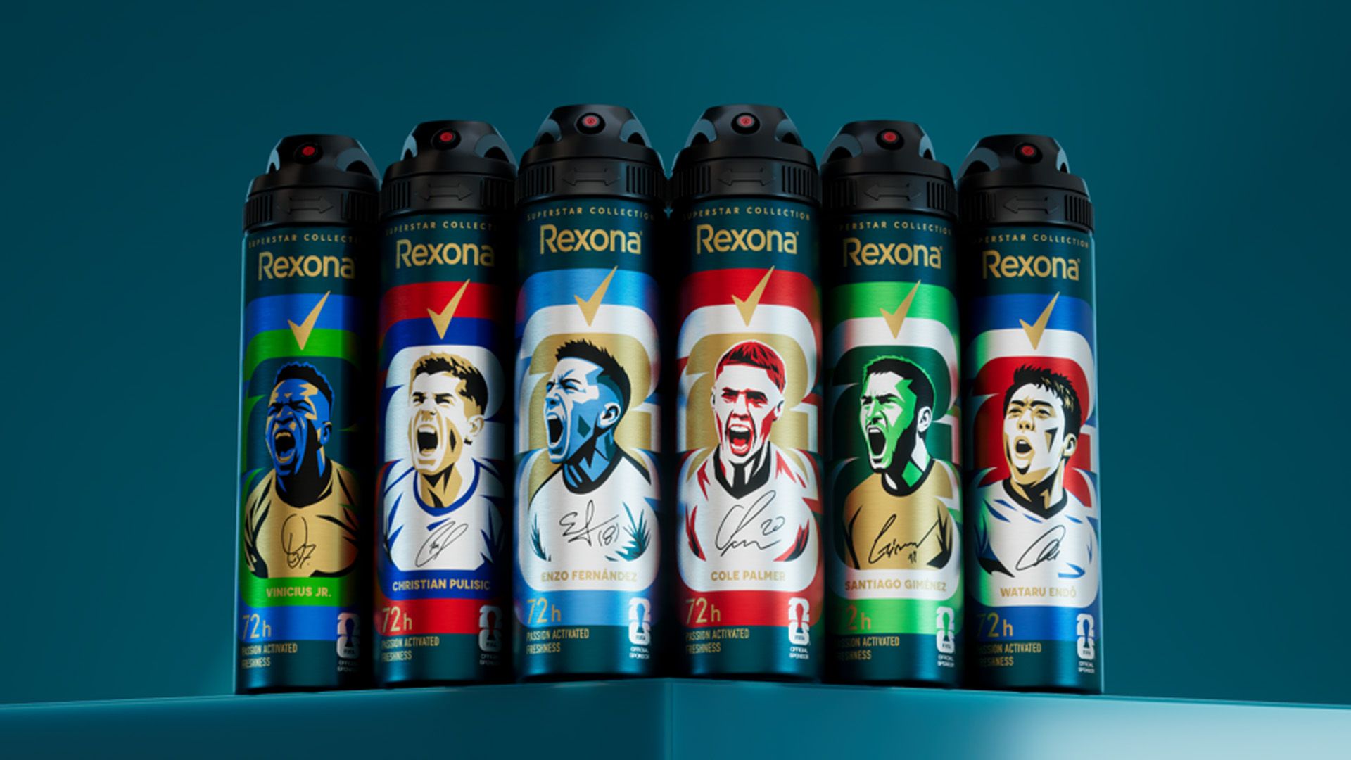 Deretan rangkaian deodoran spray Rexona 72 jam. Rexona adalah sponsor deodoran resmi Piala Dunia FIFA 2026.
