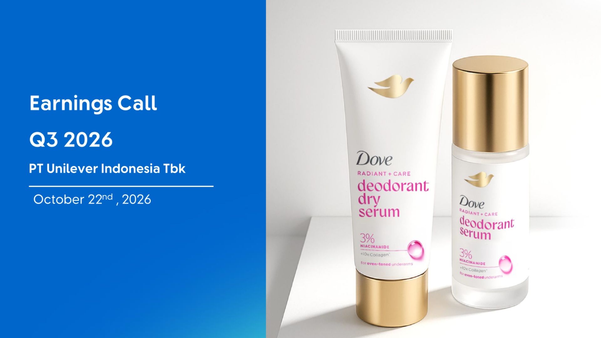 PT Unilever Indonesia Q3 2026 earnings call cover featuring Dove deodorant serum products.