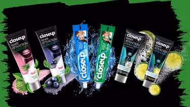 Closeup toothpaste products: Closeup White Attraction Pink Clay & Minty Matcha, Closeup White Attraction Mineral Clay & Acai Berry, Closeup Icy White, Closeup Everfresh, Closeup Icy White, Closeup White Attraction Natural Glow and Closeup White Attraction Natural Smile