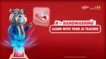 Gambar kampanye pemasaran dari Lifebuoy untuk mempromosikan aplikasinya, yaitu AI-Teacher Hippo. Seekor kuda nil yang mengenakan dasi menunjuk ke sebuah diagram. Teksnya berbunyi: “H for Handwashing”, belajarlah dengan guru AI