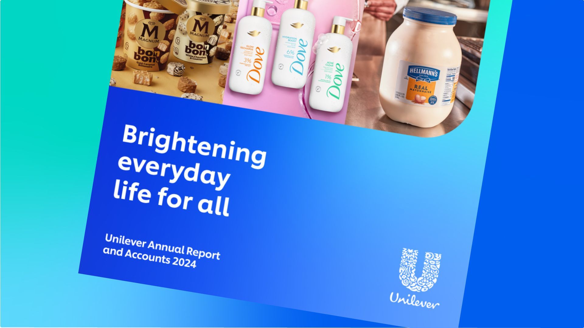 Sampul Laporan Tahunan dan Akun Unilever 2024 yang menampilkan citra merek Magnum, Dove, dan Hellmann