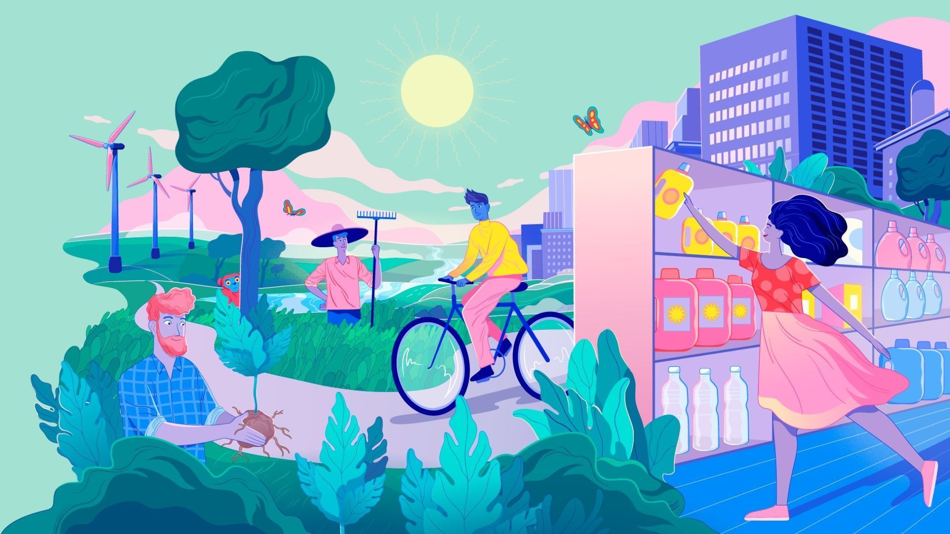 Illustration – women placing items on a shelf and a man cycling through a park 