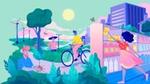 Illustration – women placing items on a shelf and a man cycling through a park