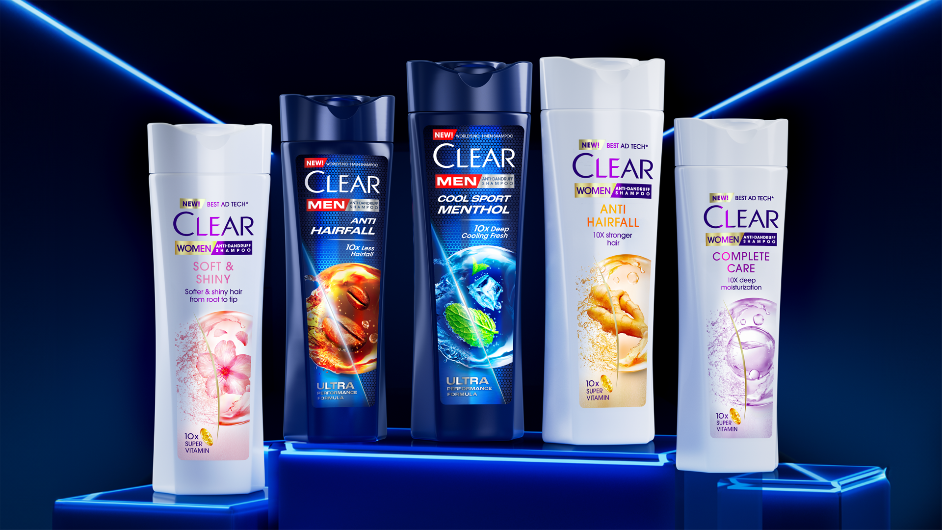 Five Clear products arranged side by side. Two are in dark blue bottles and three are in white.